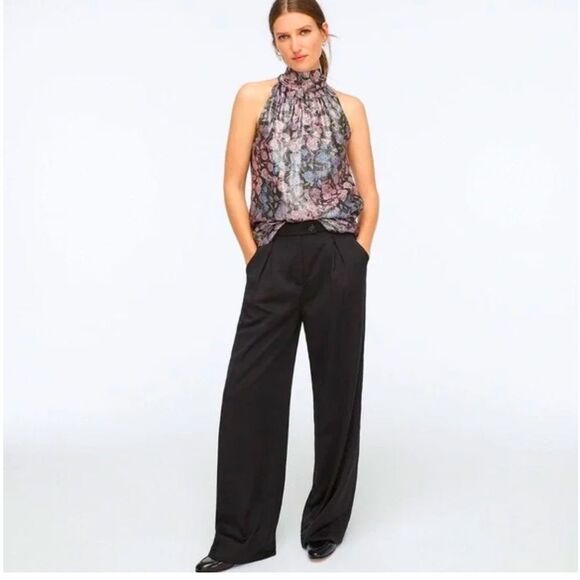 J Crew Metallic Floral Jacquard Tie Neck Halter Top Blouse Small Party Glam New - Picture 2 of 10